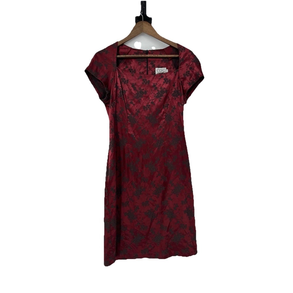 CDC Vintage 90s Square Neck Red Satin Asian Inspired Floral Dress Womens 10